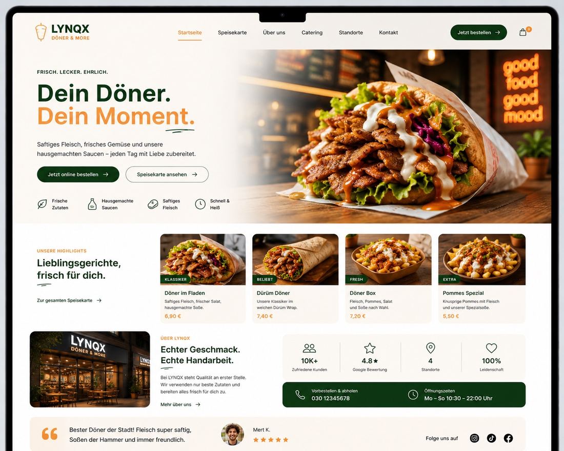 Entwurf einer Website für einen Gastronomiebetrieb mit Online-Bestellung